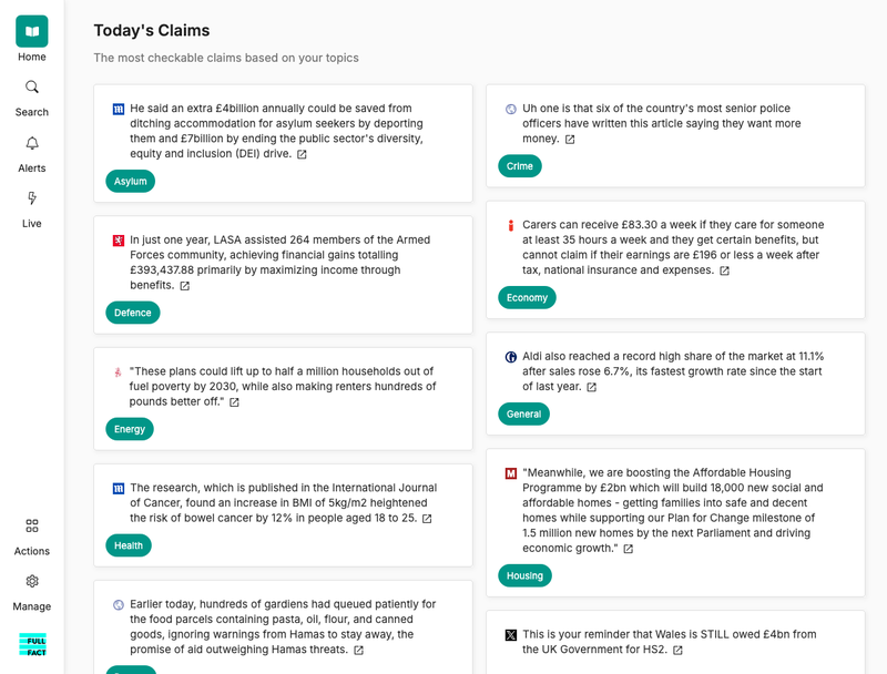Screen shot of Full Fact's AI tools showing the most checkable claims for each topic